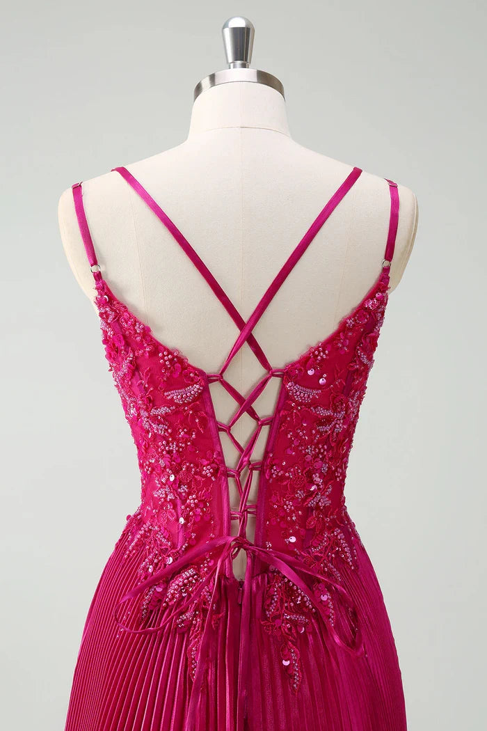 Dress Sparkly Fuchsia A-Line Long Lace Maxi Dress Prom Dress Sleeveless Pleated Evening Dress