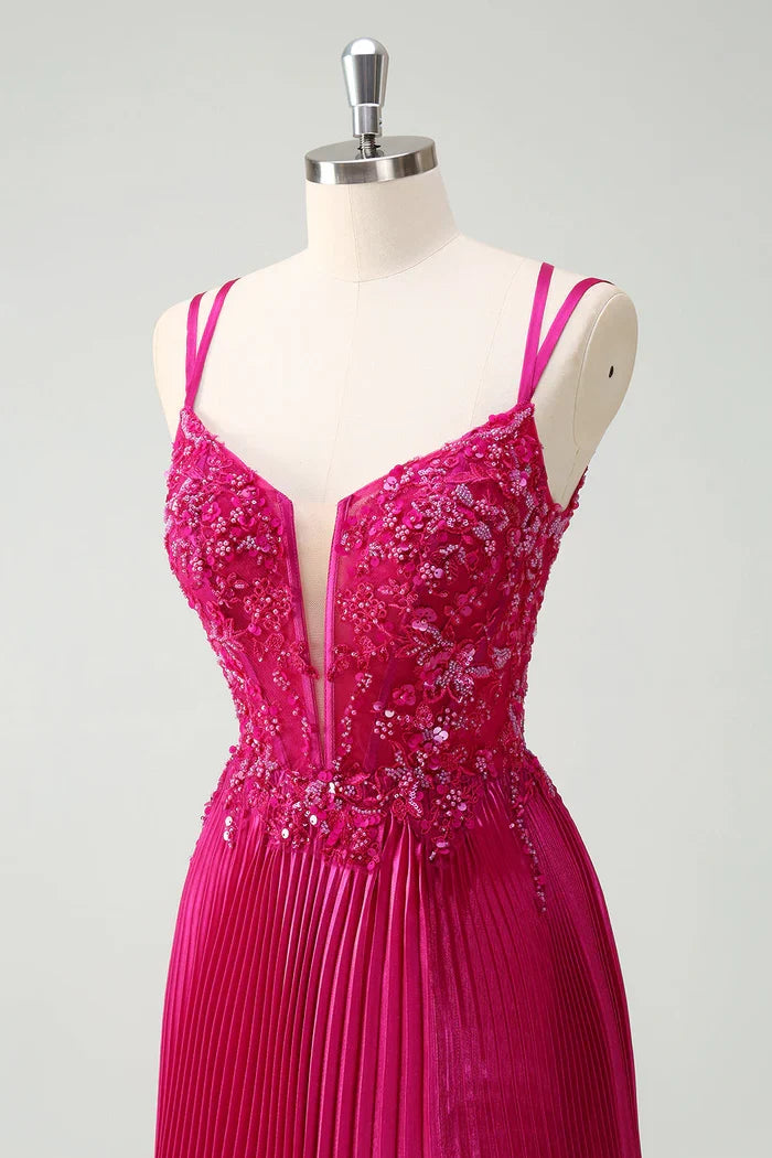 Dress Sparkly Fuchsia A-Line Long Lace Maxi Dress Prom Dress Sleeveless Pleated Evening Dress