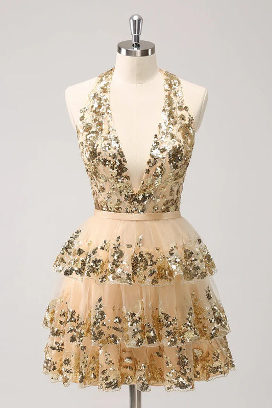 Dress Sparkly Gold A-Line Halter Tiered Sequined Backless Short Homecoming Dress Sleeveless Open Back Party Dress