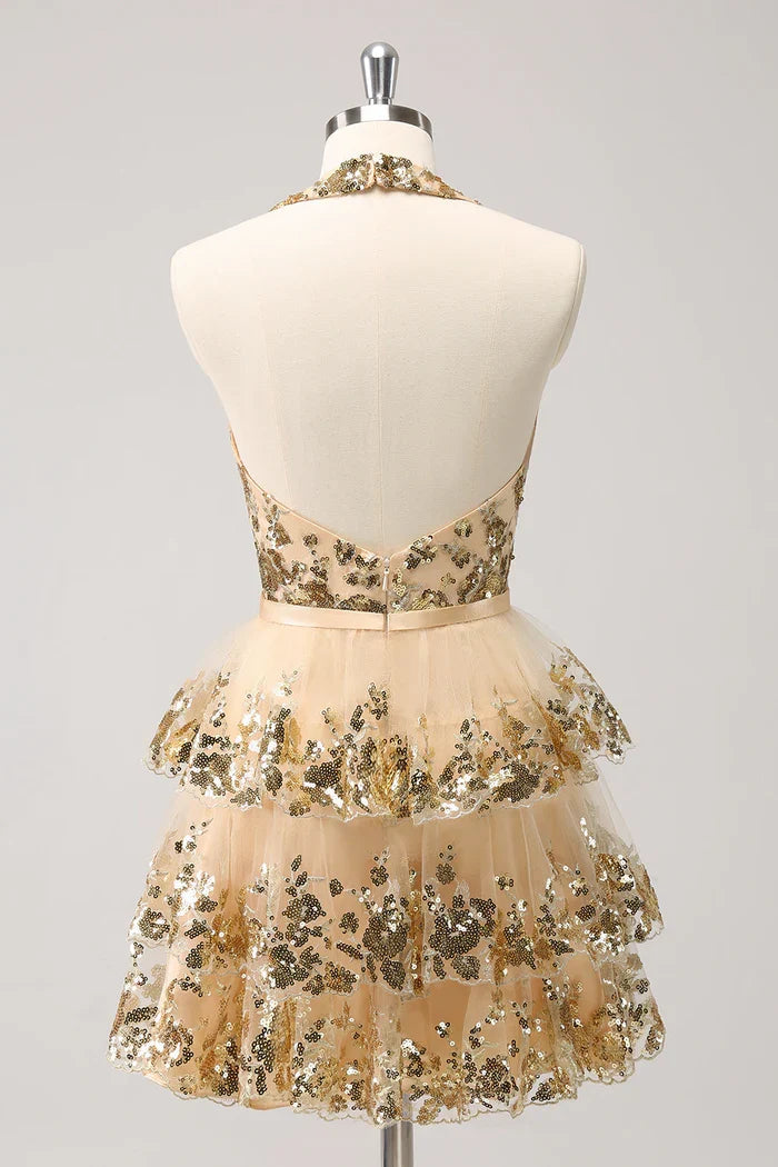 Dress Sparkly Gold A-Line Halter Tiered Sequined Backless Short Homecoming Dress Sleeveless Open Back Party Dress