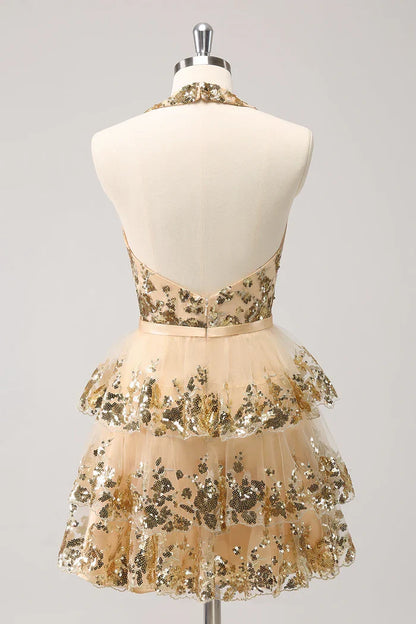 Dress Sparkly Gold A-Line Halter Tiered Sequined Backless Short Homecoming Dress Sleeveless Open Back Party Dress
