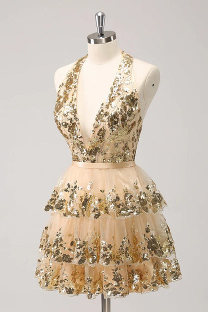 Dress Sparkly Gold A-Line Halter Tiered Sequined Backless Short Homecoming Dress Sleeveless Open Back Party Dress
