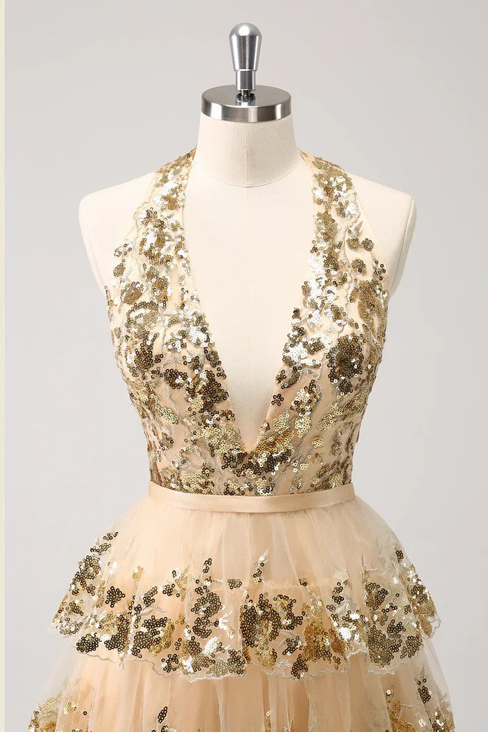 Dress Sparkly Gold A-Line Halter Tiered Sequined Backless Short Homecoming Dress Sleeveless Open Back Party Dress