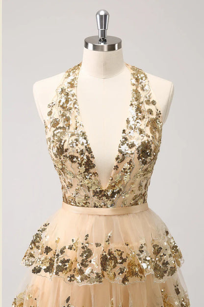 Dress Sparkly Gold A-Line Halter Tiered Sequined Backless Short Homecoming Dress Sleeveless Open Back Party Dress