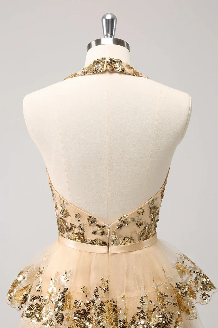 Dress Sparkly Gold A-Line Halter Tiered Sequined Backless Short Homecoming Dress Sleeveless Open Back Party Dress