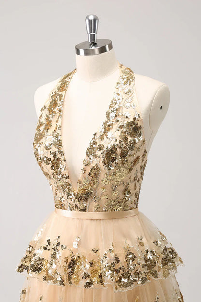 Dress Sparkly Gold A-Line Halter Tiered Sequined Backless Short Homecoming Dress Sleeveless Open Back Party Dress