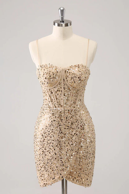 Dress Sparkly Golden Spaghetti Straps Bodycon Short Homecoming Dress Sleeveless Sequins Party Dress