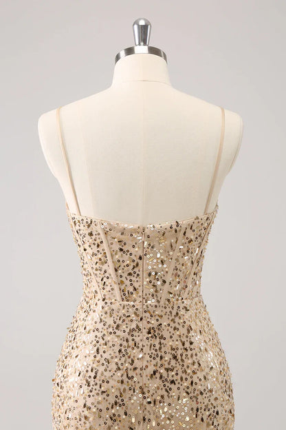 Dress Sparkly Golden Spaghetti Straps Bodycon Short Homecoming Dress Sleeveless Sequins Party Dress