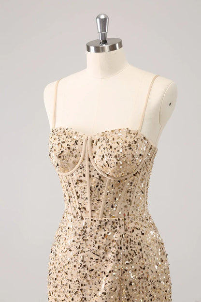 Dress Sparkly Golden Spaghetti Straps Bodycon Short Homecoming Dress Sleeveless Sequins Party Dress