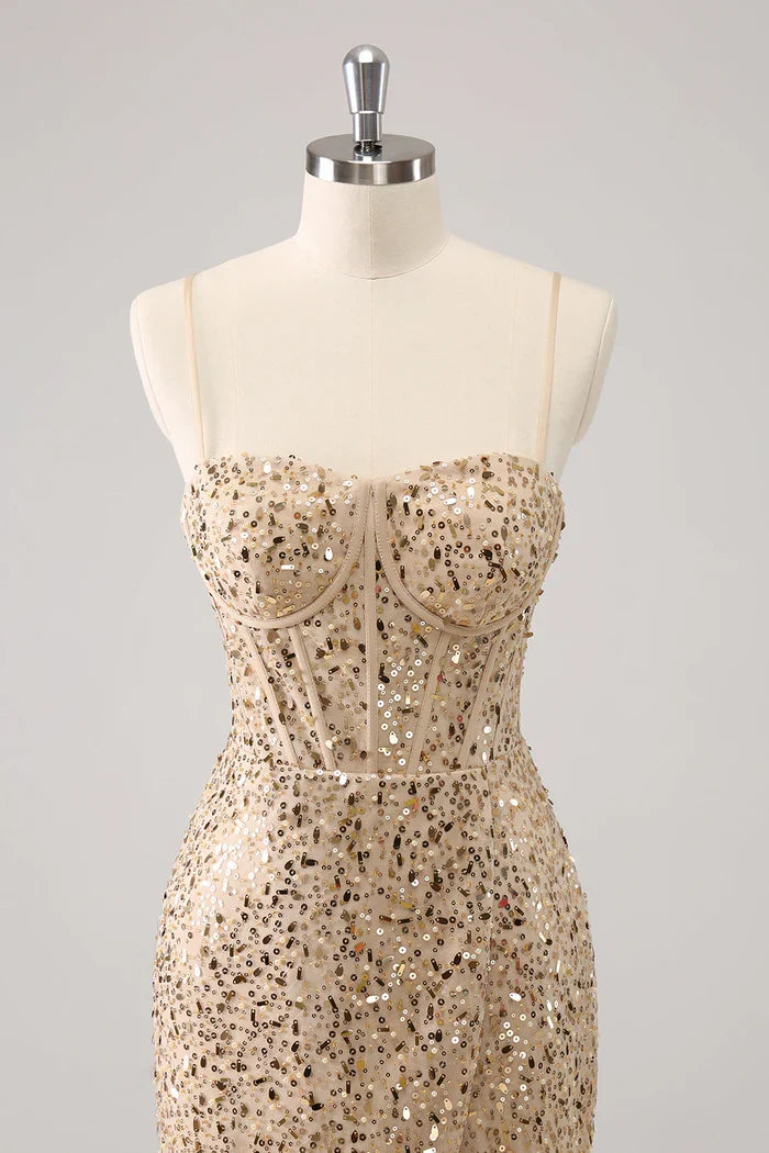 Dress Sparkly Golden Spaghetti Straps Bodycon Short Homecoming Dress Sleeveless Sequins Party Dress