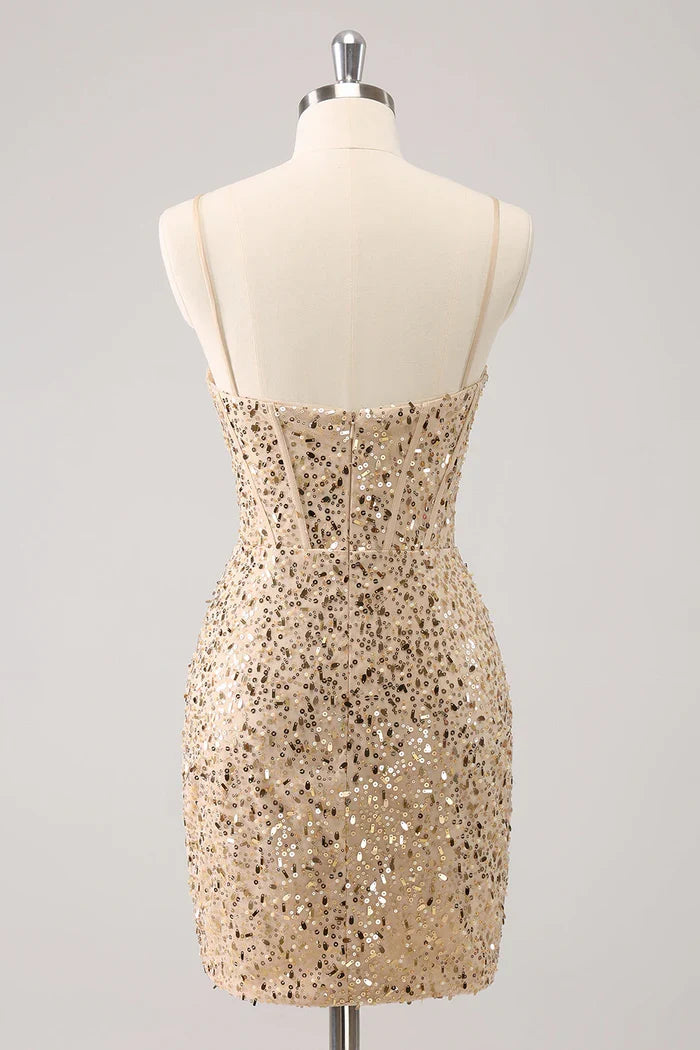 Dress Sparkly Golden Spaghetti Straps Bodycon Short Homecoming Dress Sleeveless Sequins Party Dress