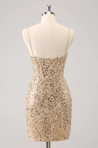 Dress Sparkly Golden Spaghetti Straps Bodycon Short Homecoming Dress Sleeveless Sequins Party Dress