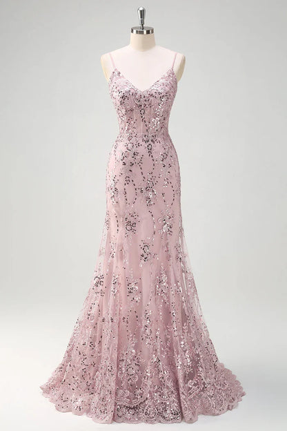 Dress Sparkly Grey Pink Mermaid V-Neck Sequined Evening Dress Maxi Dress Sleeveless With Back Lace Up Prom Dress