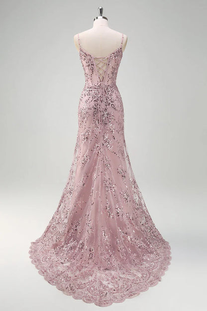 Dress Sparkly Grey Pink Mermaid V-Neck Sequined Evening Dress Maxi Dress Sleeveless With Back Lace Up Prom Dress