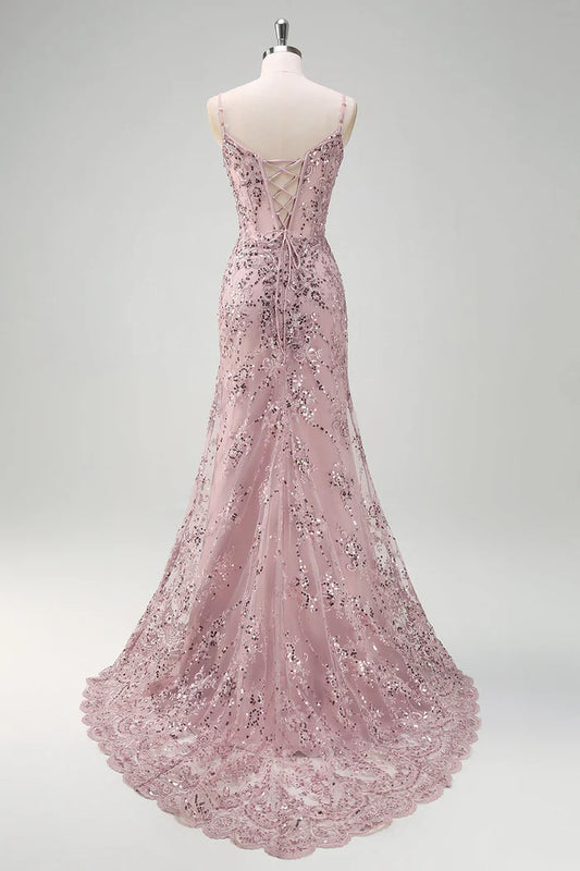 Dress Sparkly Grey Pink Mermaid V-Neck Sequined Evening Dress Maxi Dress Sleeveless With Back Lace Up Prom Dress