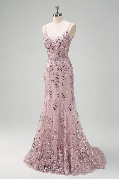 Dress Sparkly Grey Pink Mermaid V-Neck Sequined Evening Dress Maxi Dress Sleeveless With Back Lace Up Prom Dress