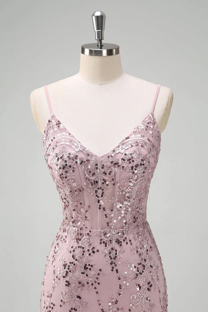 Dress Sparkly Grey Pink Mermaid V-Neck Sequined Evening Dress Maxi Dress Sleeveless With Back Lace Up Prom Dress