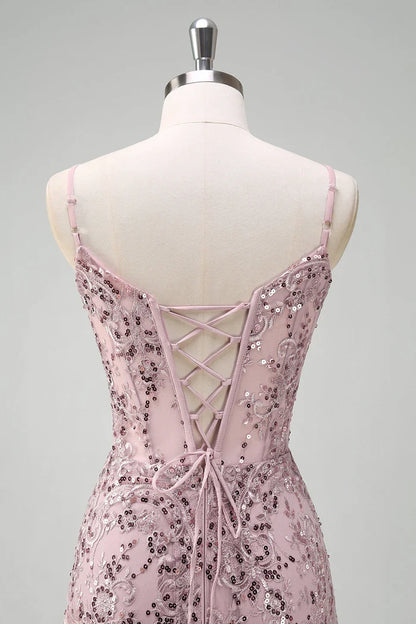 Dress Sparkly Grey Pink Mermaid V-Neck Sequined Evening Dress Maxi Dress Sleeveless With Back Lace Up Prom Dress