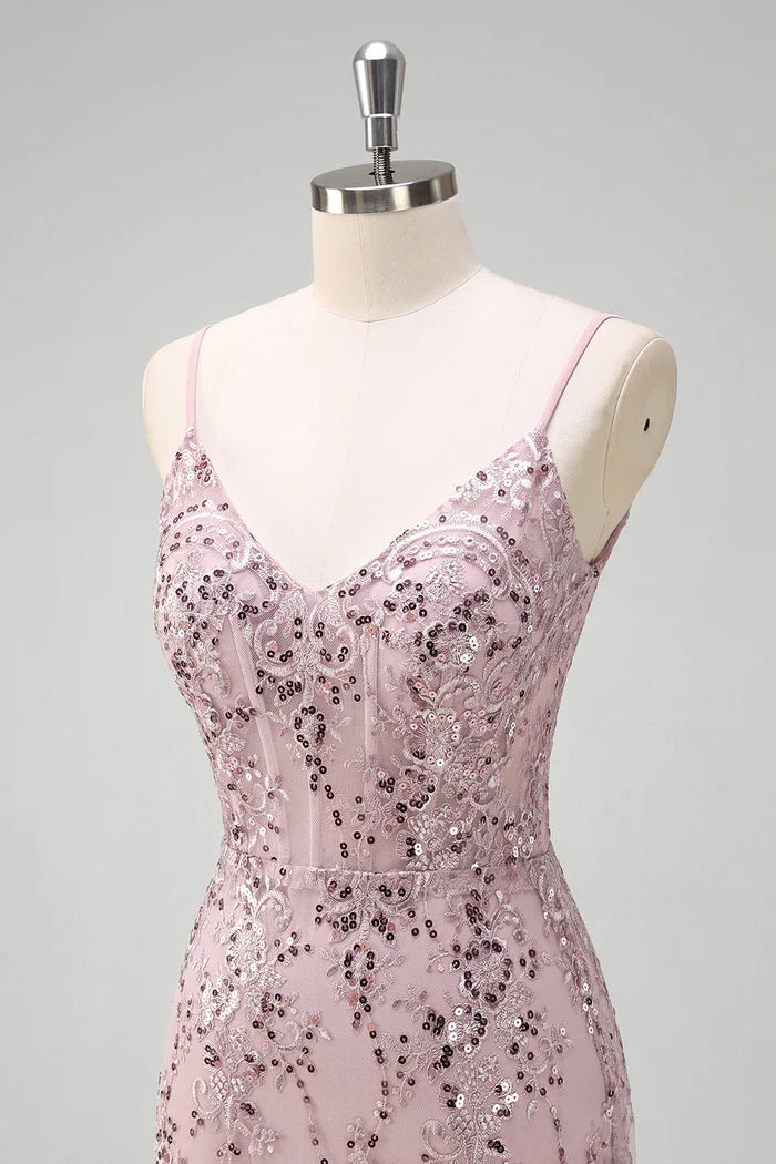 Dress Sparkly Grey Pink Mermaid V-Neck Sequined Evening Dress Maxi Dress Sleeveless With Back Lace Up Prom Dress