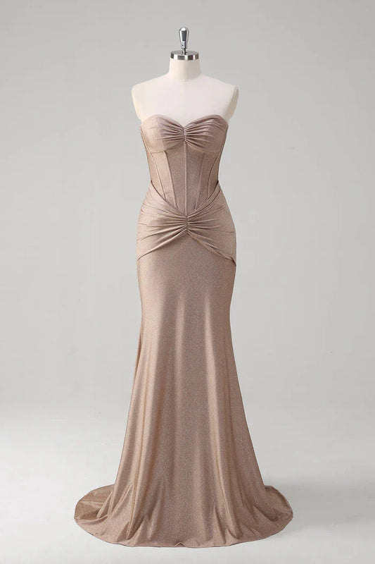 Dress Sparkly Khaki Mermaid Sweetheart Satin Maxi Dress Prom Dress Sleeveless Sweep Brush Train Evening Dress