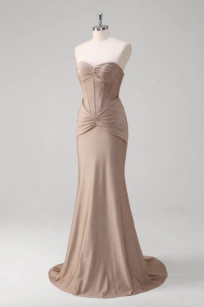 Dress Sparkly Khaki Mermaid Sweetheart Satin Maxi Dress Prom Dress Sleeveless Sweep Brush Train Evening Dress