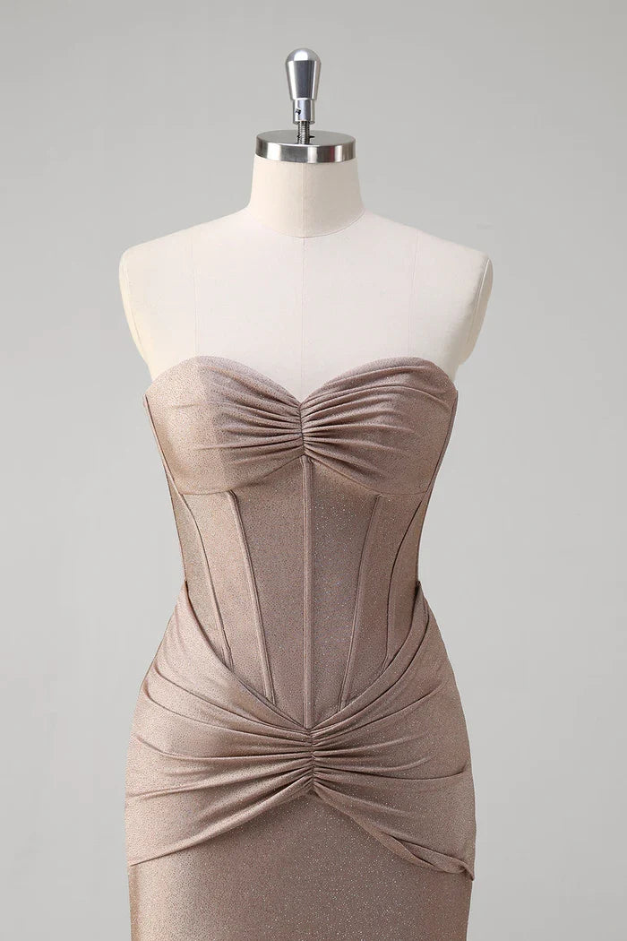 Dress Sparkly Khaki Mermaid Sweetheart Satin Maxi Dress Prom Dress Sleeveless Sweep Brush Train Evening Dress