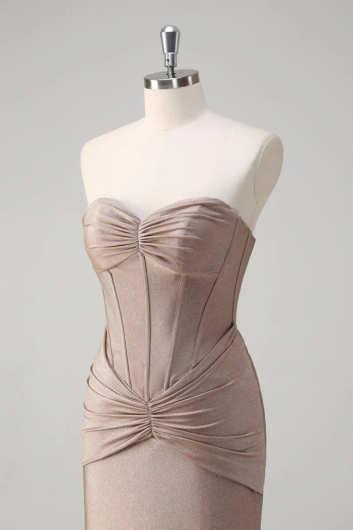 Dress Sparkly Khaki Mermaid Sweetheart Satin Maxi Dress Prom Dress Sleeveless Sweep Brush Train Evening Dress