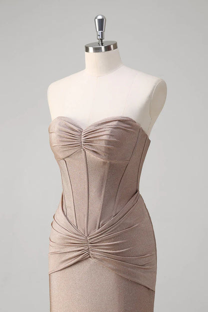 Dress Sparkly Khaki Mermaid Sweetheart Satin Maxi Dress Prom Dress Sleeveless Sweep Brush Train Evening Dress