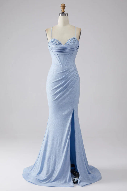Dress Sparkly Light Blue Mermaid Sequin Party Dress Sleeveless Maxi Dress With Slit Prom Dress