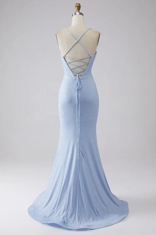 Dress Sparkly Light Blue Mermaid Sequin Party Dress Sleeveless Maxi Dress With Slit Prom Dress