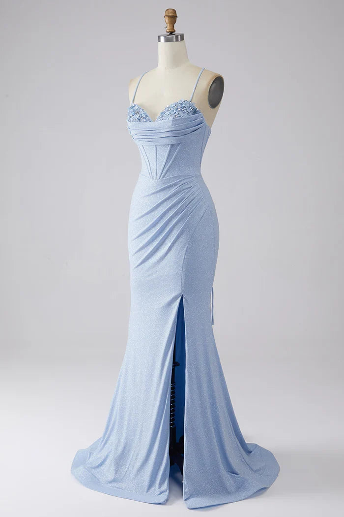 Dress Sparkly Light Blue Mermaid Sequin Party Dress Sleeveless Maxi Dress With Slit Prom Dress