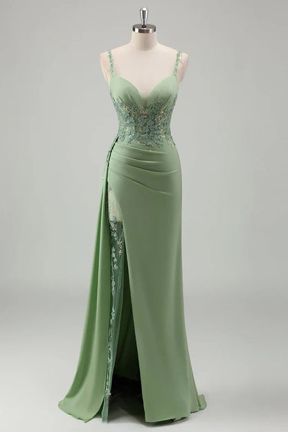 Dress Sparkly Light Green Spaghetti Straps Lace Maxi Dress Prom Dress Sleeveless Slit Satin Party Dress