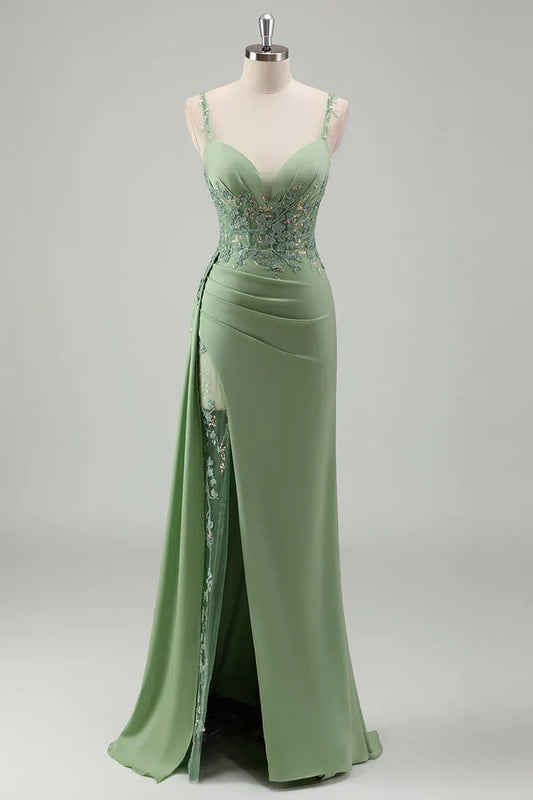 Dress Sparkly Light Green Spaghetti Straps Lace Maxi Dress Prom Dress Sleeveless Slit Satin Party Dress
