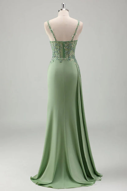 Dress Sparkly Light Green Spaghetti Straps Lace Maxi Dress Prom Dress Sleeveless Slit Satin Party Dress