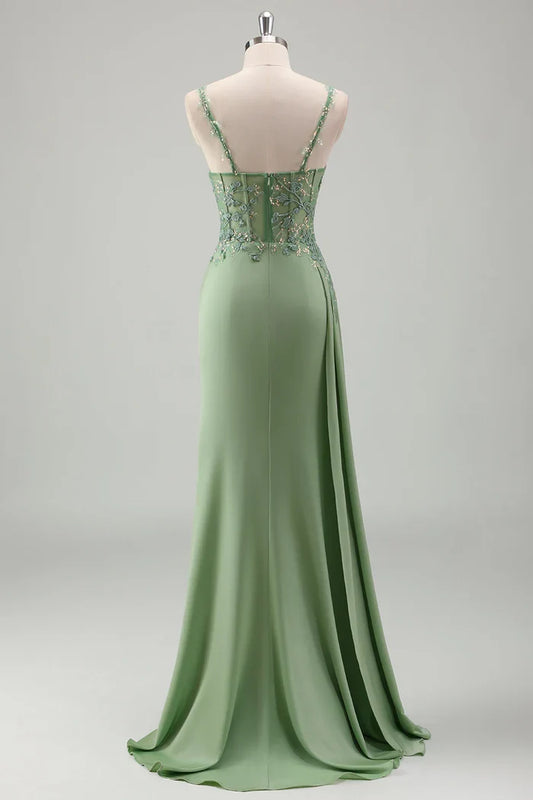 Dress Sparkly Light Green Spaghetti Straps Lace Maxi Dress Prom Dress Sleeveless Slit Satin Party Dress