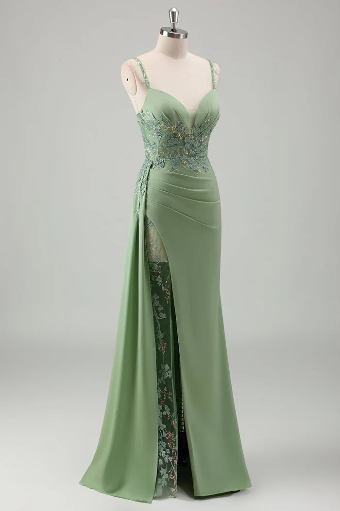 Dress Sparkly Light Green Spaghetti Straps Lace Maxi Dress Prom Dress Sleeveless Slit Satin Party Dress