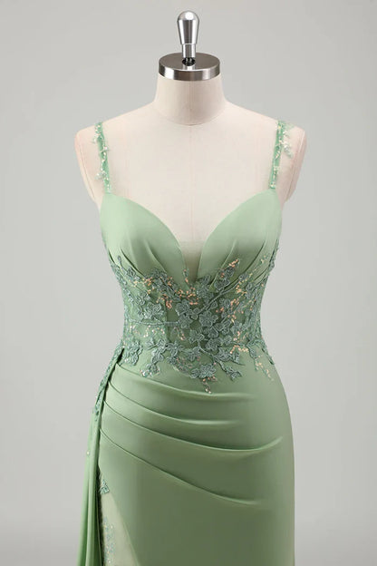 Dress Sparkly Light Green Spaghetti Straps Lace Maxi Dress Prom Dress Sleeveless Slit Satin Party Dress