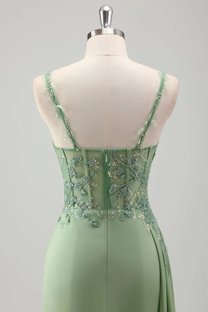 Dress Sparkly Light Green Spaghetti Straps Lace Maxi Dress Prom Dress Sleeveless Slit Satin Party Dress