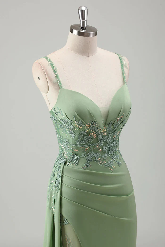 Dress Sparkly Light Green Spaghetti Straps Lace Maxi Dress Prom Dress Sleeveless Slit Satin Party Dress