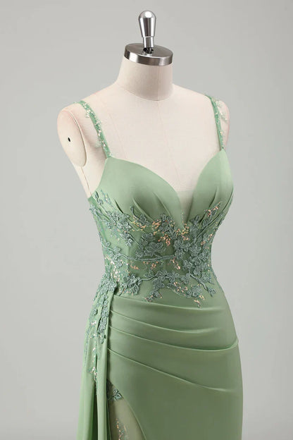 Dress Sparkly Light Green Spaghetti Straps Lace Maxi Dress Prom Dress Sleeveless Slit Satin Party Dress