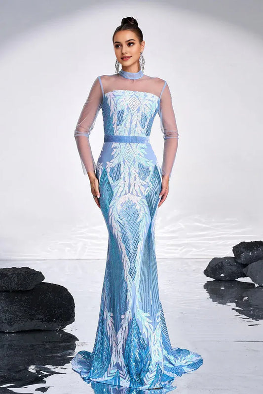 Dress Sparkly Ligth Blue Mermaid Printed Illusion Sleeves Maxi Dress Prom Dress Sweep Brush Train Evening Dress