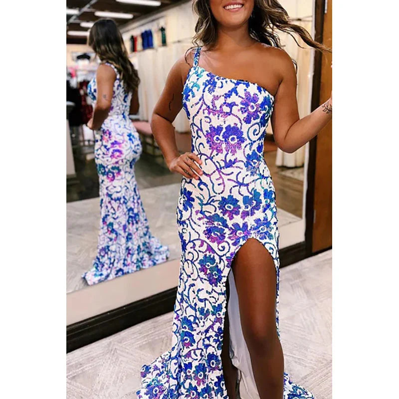 Dress Sparkly Mermaid One Shoulder Sequins Long Prom Dresses Party Dress