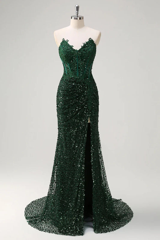 Dress Sparkly Mermaid Sweetheart Dark Green Corset Sequins Lace Maxi Dress Prom Dress Formal Dress With Slit Evening Dress