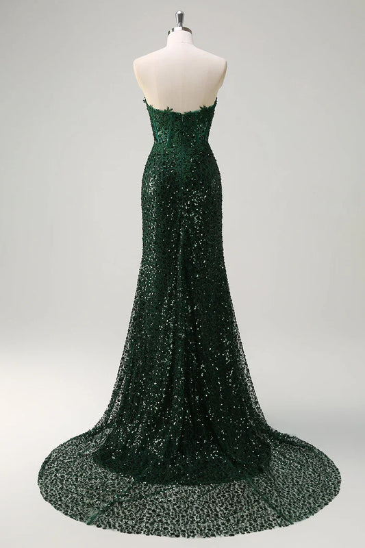 Dress Sparkly Mermaid Sweetheart Dark Green Corset Sequins Lace Maxi Dress Prom Dress Formal Dress With Slit Evening Dress