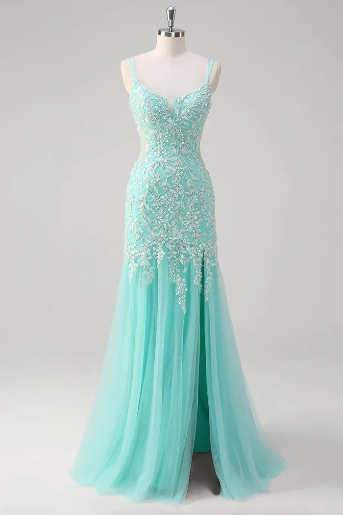 Dress Sparkly Mint Mermaid Lace Party Dress Maxi Dress Sleeveless With Slit Prom Dress