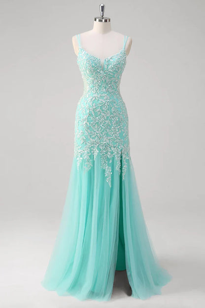 Dress Sparkly Mint Mermaid Lace Party Dress Maxi Dress Sleeveless With Slit Prom Dress