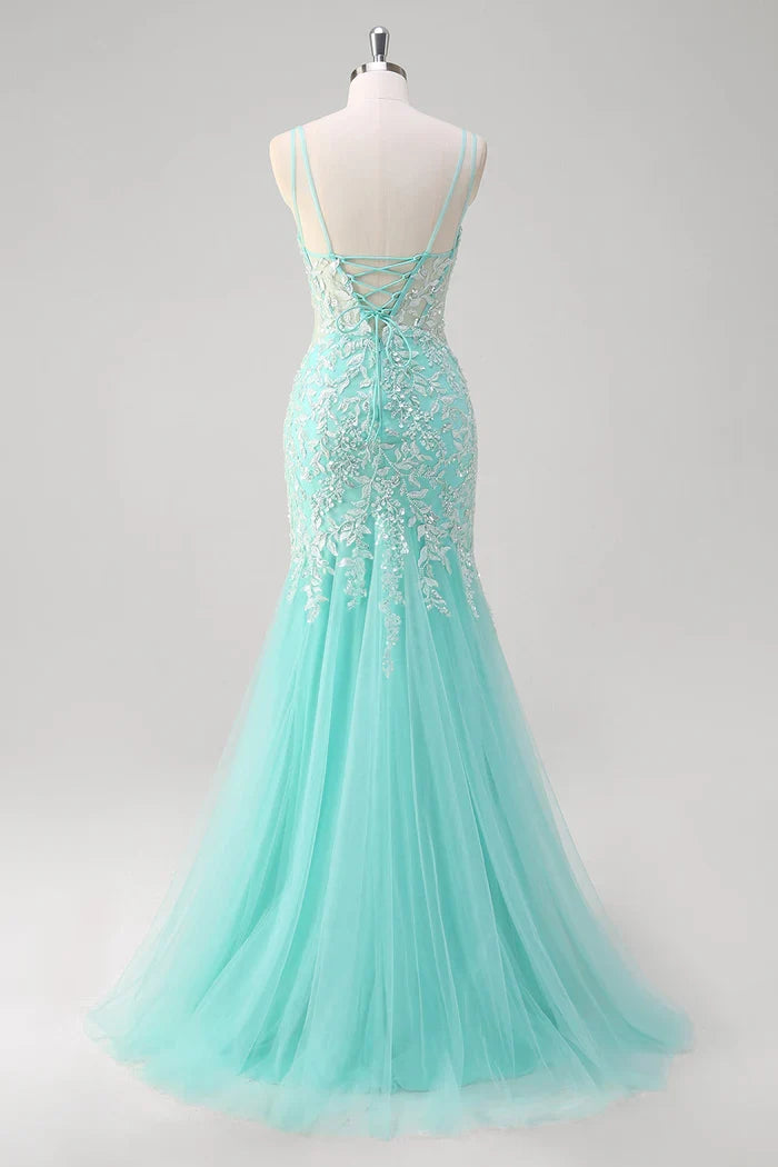 Dress Sparkly Mint Mermaid Lace Party Dress Maxi Dress Sleeveless With Slit Prom Dress