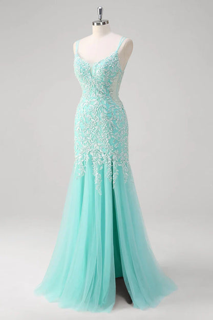Dress Sparkly Mint Mermaid Lace Party Dress Maxi Dress Sleeveless With Slit Prom Dress