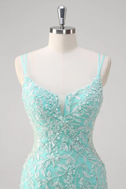 Dress Sparkly Mint Mermaid Lace Party Dress Maxi Dress Sleeveless With Slit Prom Dress