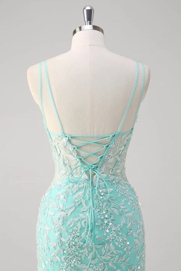 Dress Sparkly Mint Mermaid Lace Party Dress Maxi Dress Sleeveless With Slit Prom Dress